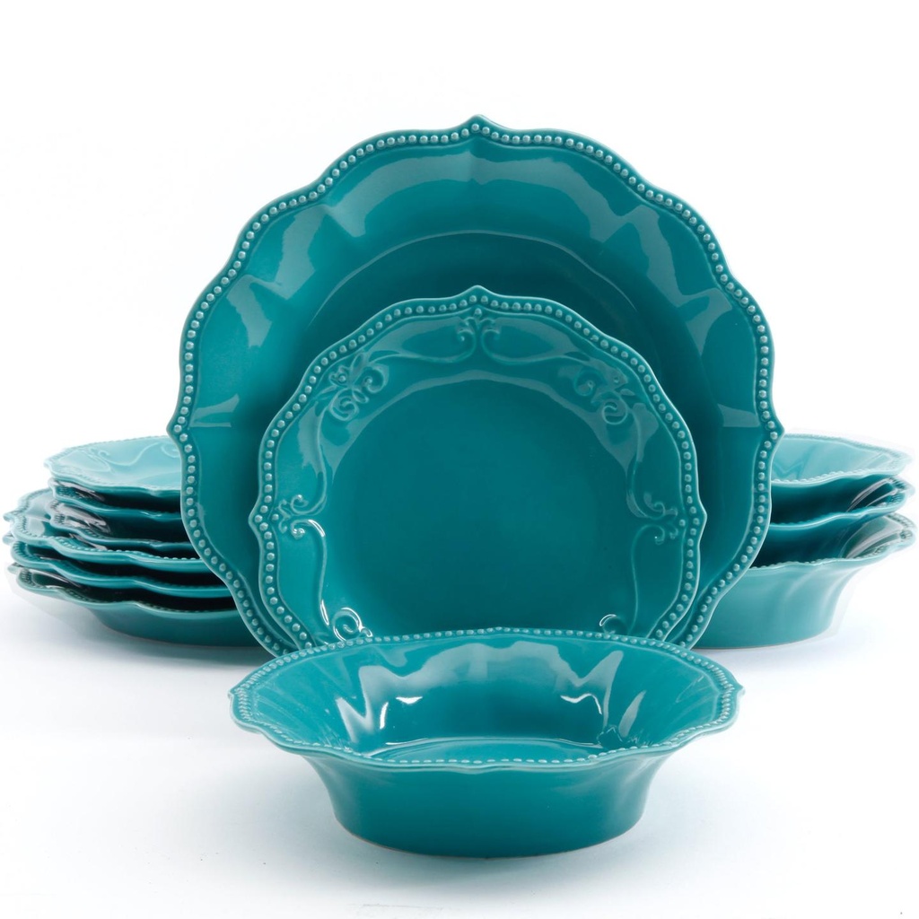 Vajilla de Gres Turquesa 12 Piezas Paige – Diseño Vintage con Relieve y Borde Ondulado